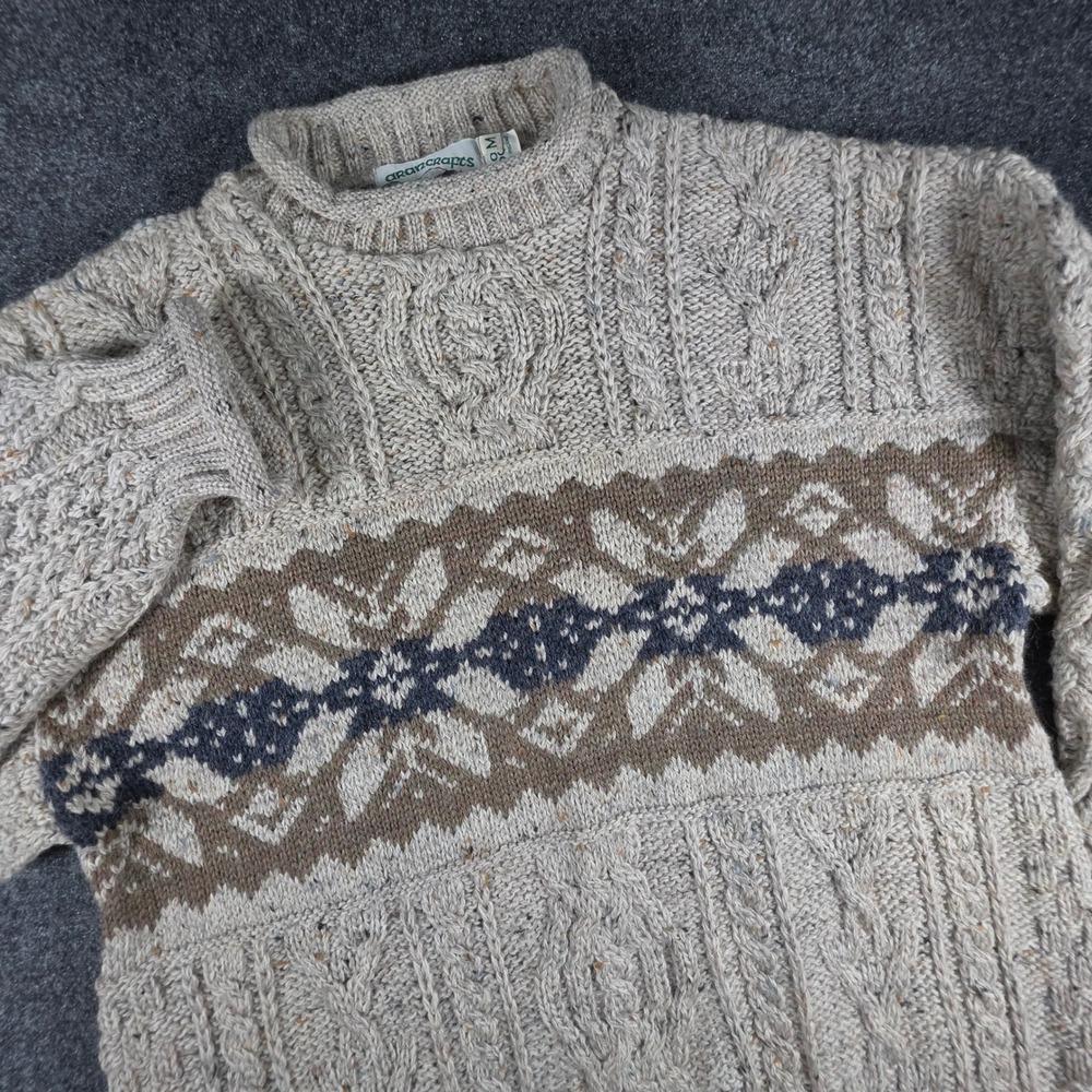 Arancrafts Fair Isle Cable Knit Fisherman Sweater Mens M Beige Wool Ireland